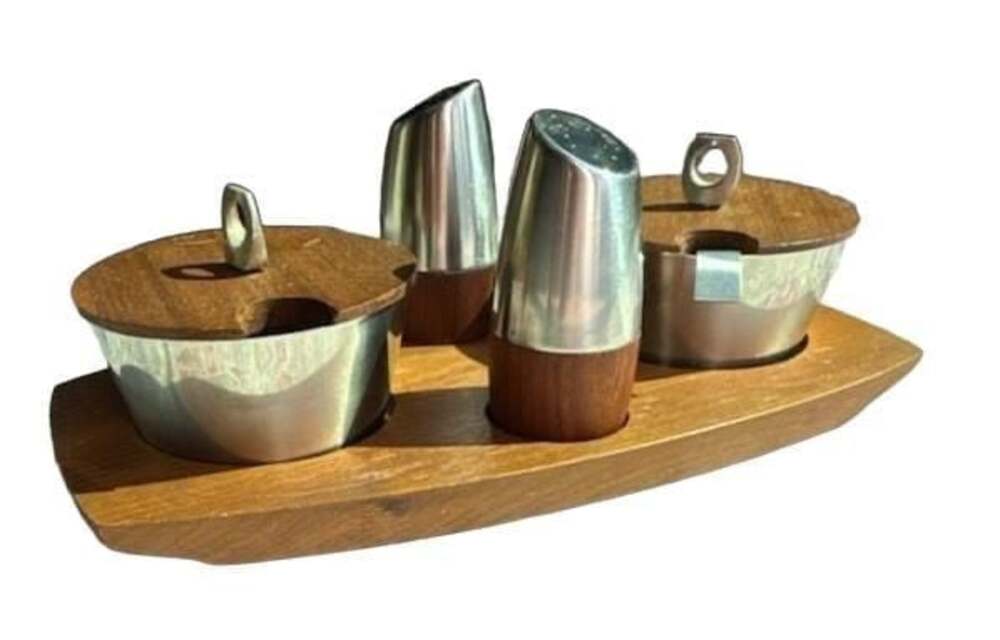 Arthur Salm MCM Teak Stainless Steel Condiment Set / Lazy Susan Tray